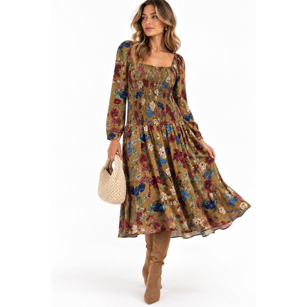HATCH Collection Floral Smocked Drop Waist Midi Dress Size 2 Maternity